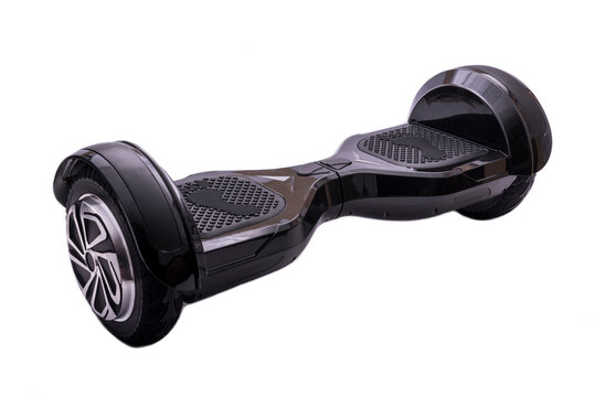 Self-balancing two-wheeled board or hoverboard scooter isolated on white background. Gyroboard: black gyroboard on white background. New movement