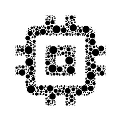 A large chip symbol in the center made in pointillism style. The center symbol is filled with black circles of various sizes. Vector illustration on white background