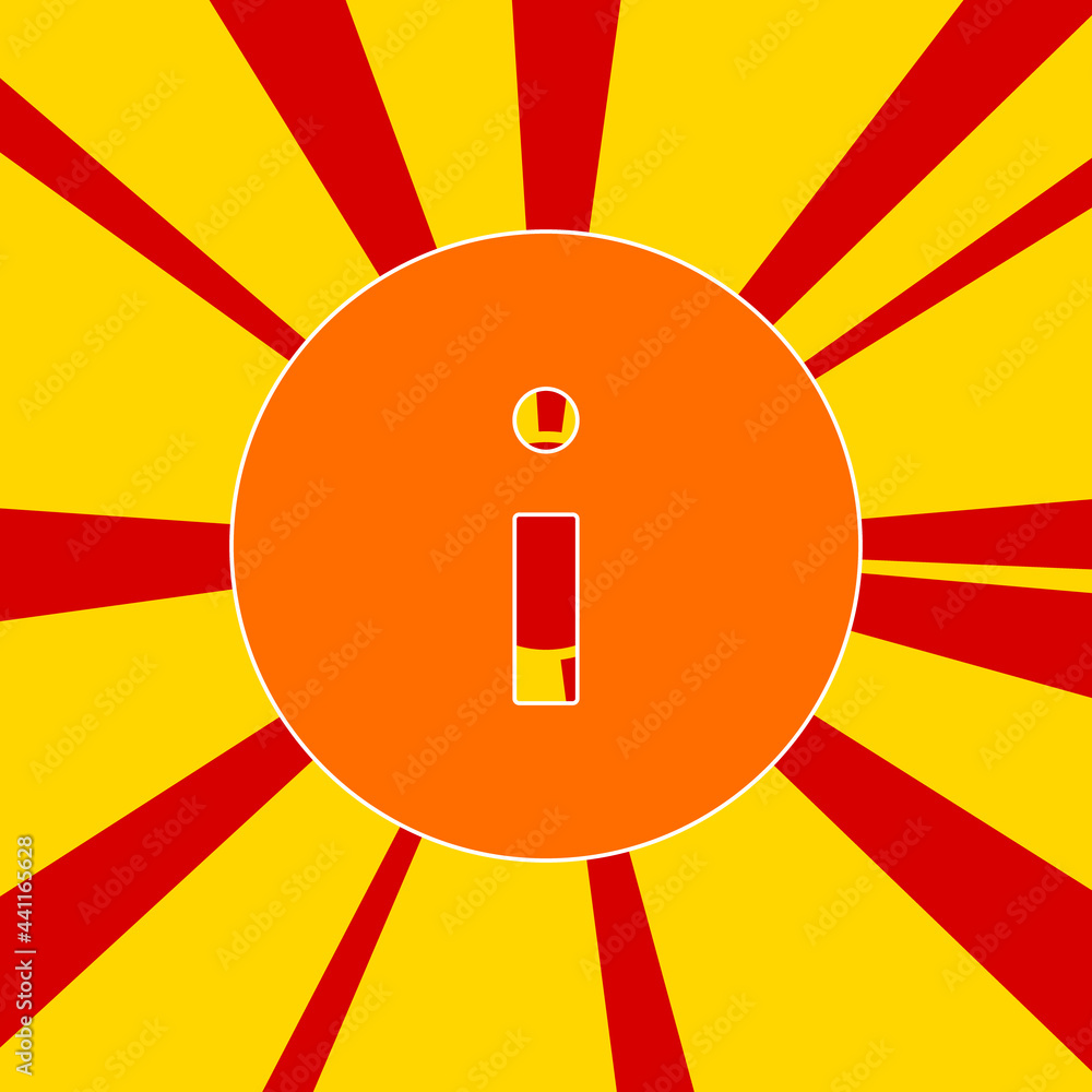 Poster info symbol on a background of red flash explosion radial lines. the large orange symbol is located 
