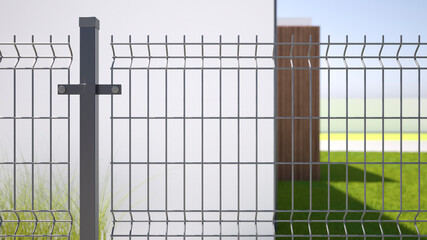 Grating wire industrial fence panels, pvc metal fence panel - 3D illustration - obrazy, fototapety, plakaty