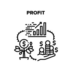 Profit Growing Vector Icon Concept. Money Profit Growing And Monitoring Increase Finance Chart. Growth Cash Tree And Heap Of Coin Holding Businessman. Financial Wealth Black Illustration