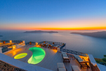 Greece Santorini island Oia sunset, view above caldera with sea background in Cyclades