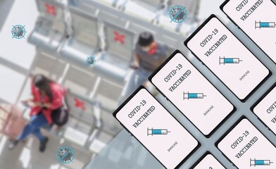 COVID-19 vaccinated people screening app on smartphone use for digital travel vaccine passport certificate concept with blurred traveler sitting social distancing at the airport background.
