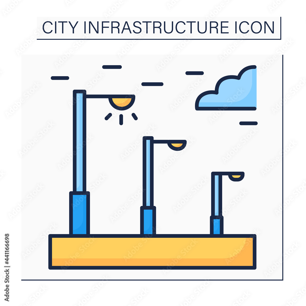 Poster street lightning color icon. poles with a source of light on the edge of the road. raise brightness 
