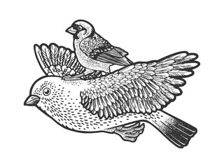 Fototapeta na wymiar Bird ride bird while flying line art sketch engraving vector illustration. T-shirt apparel print design. Scratch board imitation. Black and white hand drawn image.