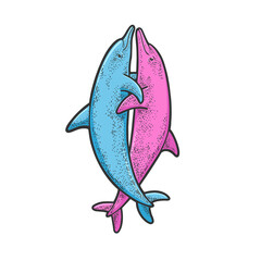 Blue and pink hugging dolphins sketch engraving vector illustration. Boy and girl colors. T-shirt apparel print design. Scratch board imitation. Black and white hand drawn image.