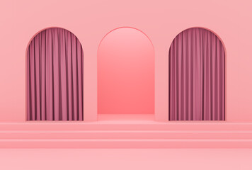 Background image for promotional product placement 3 arched door openings in the center, the whole scene in pastel pink. 3D Scene.