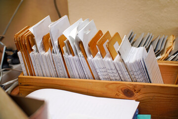 Archival card index in the library. Selective focus