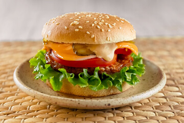 Delicious and healthy burger for lunch and breakfast. Homemade recipe. Fast food. Concept. High quality photo