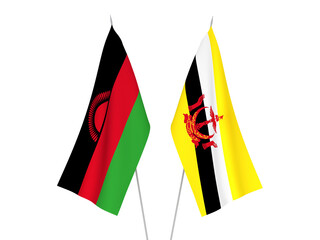 National fabric flags of Malawi and Brunei isolated on white background. 3d rendering illustration.