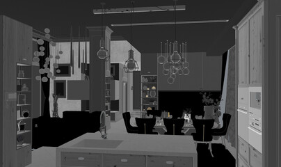 Living room design visualization piloting, 3D render.