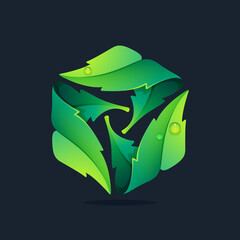 Ecology hexagon logo made of twisted green leaves.