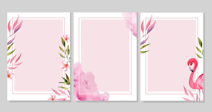 Summer tropical palm leaves with exotic flamingo and hibiscus flowers. Watercolor templates. Design element for cards, posters, banners and other purposes