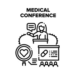 Medical Conference Meeting Vector Icon Concept. Medical Conference Meeting Presenting Medicine Research And Pharmaceutical Product Drug. Doctor Speech At Tribune Black Illustration