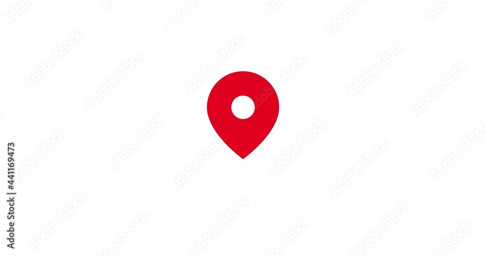 Poster red map pin drop down bouncing showing location isolated white background animation video. geo marke