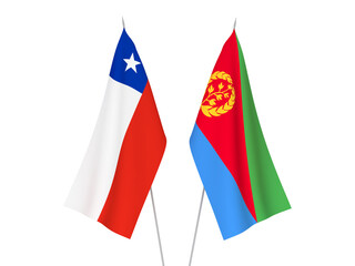 National fabric flags of Chile and Eritrea isolated on white background. 3d rendering illustration.