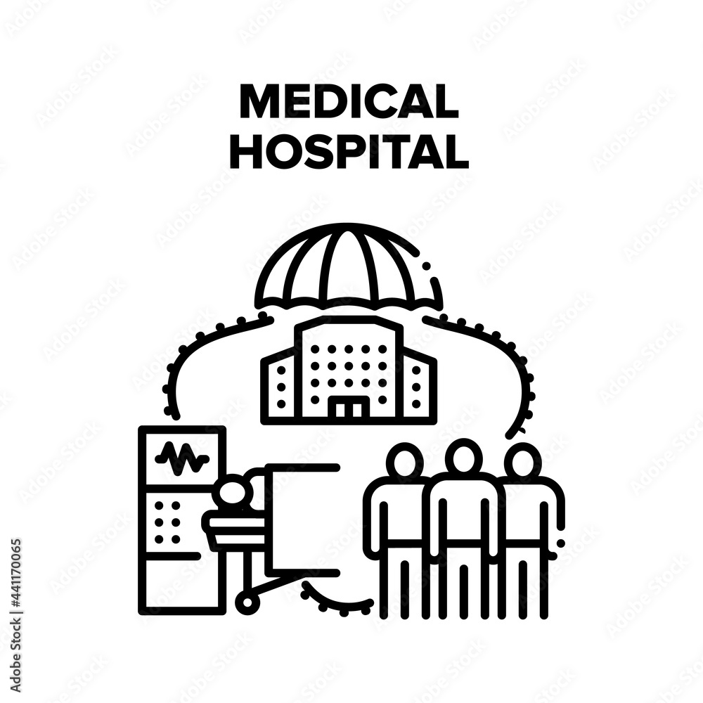 Sticker Medical Hospital Vector Icon Concept. Medical Hospital For Treatment Illness Patient And Emergency Help. Examining People Health And Treat Disease. Clinic Service Black Illustration