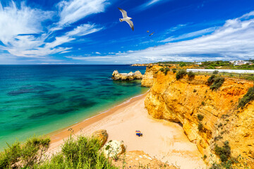 Praia dos Tres Castelos in south Portugal, Portimao, Algarve region. Landscape with Atlantic Ocean,...