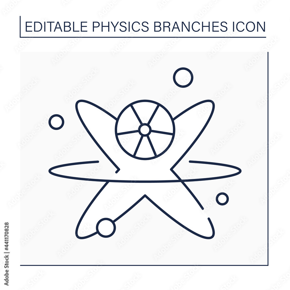 Poster nuclear physics line icon. investigation of structure and properties of atomic nuclei. nuclear react