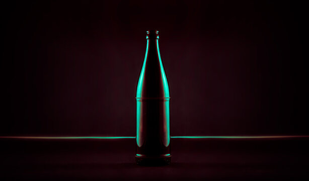 Close-up Of Illuminated Green Beer Bottle Against Black Background