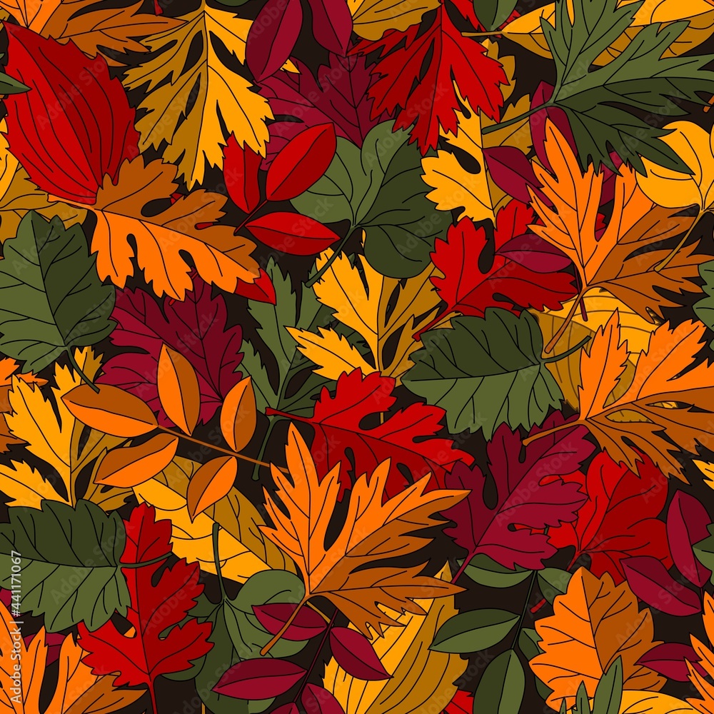 Poster pattern with overlapping colorful autumn leaves.