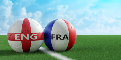 England vs. France Soccer Match - Leather balls in England and France national colors. Copy space on the right side. 3D Rendering 