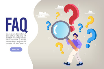 Frequently asked questions concept shown with a character holding a magnifying glass. This web banner represents searching for solutions, seeking help, and exploring information available online.