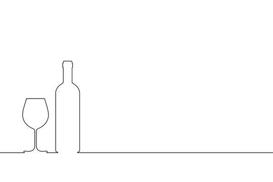 Wine bottle and wine glass outline on the table. Symbol tasting or presentation of wine isolated on white background. Vector illustration
