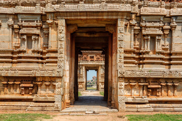 Fototapeta na wymiar Gate in temple gopuram. Ruins in Hampi, Karnataka, India