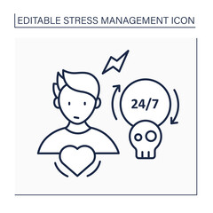 Chronic stress line icon.Prolonged, constant stress feeling. Stressful situations. Emotional pressure. Mental health concept. Isolated vector illustration. Editable stroke
