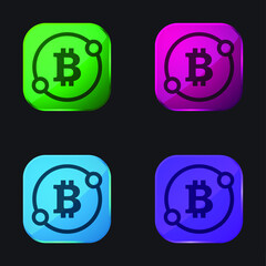 Obraz premium Bitcoin Sign In A Circle With Two Spots Connect Symbol four color glass button icon