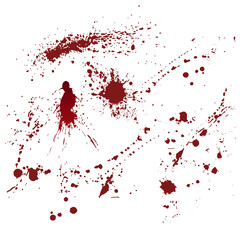 Set of realistic bloody splatters. Drop and blob of blood. Bloodstains. Isolated. Vector illustration isolated on white background. Red puddles	