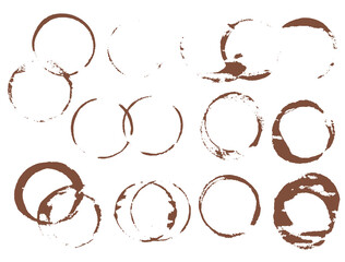 Coffee glass stains and spots. Vector ring and circle isolated on white background. Brown blemishes, splatters, stains, strips.