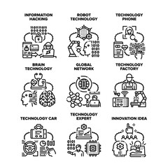Technology Network Set Icons Vector Illustrations. Technology Car And Phone, Robot And Hacking Information, Brain Innovation Idea And Development, Factory Production And Expert Black Illustration