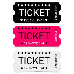 Pink, white and black tickets with number and tear-off line