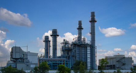 Natural Gas Combined Cycle Power Plant ,Gas turbine electrical power plant with in Twilight power for factory energy concept.