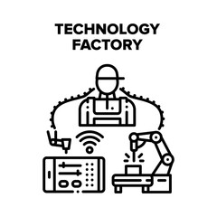 Technology Factory Production Vector Icon Concept. Plant Worker And Technology Factory Production, Robotic Arm For Manufacturing Products And Remote Control Industry System Black Illustration