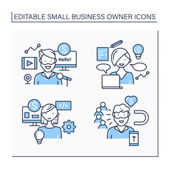 Small business owner line icons set.Profitable blogger, web development, coaching, influencer. Professions concept. Isolated vector illustrations. Editable stroke