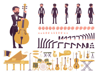 Musician, tuxedo man playing classical music, musical instruments, construction set. Grand piano, guitar, double bass, drum, violin. Cartoon flat style infographic illustration, different emotion