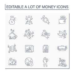 Money line icons set. Global economy. Investment, Jackpot. Wealth concept. Isolated vector illustrations.Editable stroke