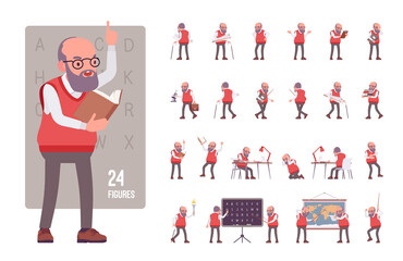 Old teacher, male senior professor, tutor character set, pose sequence. Experienced elderly school master, aged education supervisor. Full length, different views, gestures, emotions, position - obrazy, fototapety, plakaty