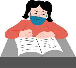 Student sitting at table reading a book. A Girl studying with mask during covid-19 pandemic. Back to school.