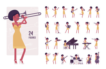 Musician, jazz woman playing musical instruments, character set, pose sequences. Synthesizer, grand piano, guitar, double bass, drum, violin. Full length, different views, gestures, emotions, position