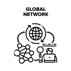 Global Network Vector Icon Concept. Global Network Internet Communication Technology, World Digital System For Online Communicate. Worldwide Telecommunication And Internet Connect Black Illustration
