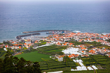 Island of Vila Franca do Campo from the chapel of Nossa Senhora da Page. San Miguel Island, Portugal. Travel to the Azores. Island of Vila Franca do Campo near San Miguel island, Azores, Portugal.