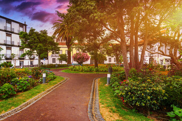 Fototapeta na wymiar Beautiful Jardim Sena Freita, located in the historic center of Ponta Delgada city on Sao Miguel island. Azores, Sao Miguel, Portugal.