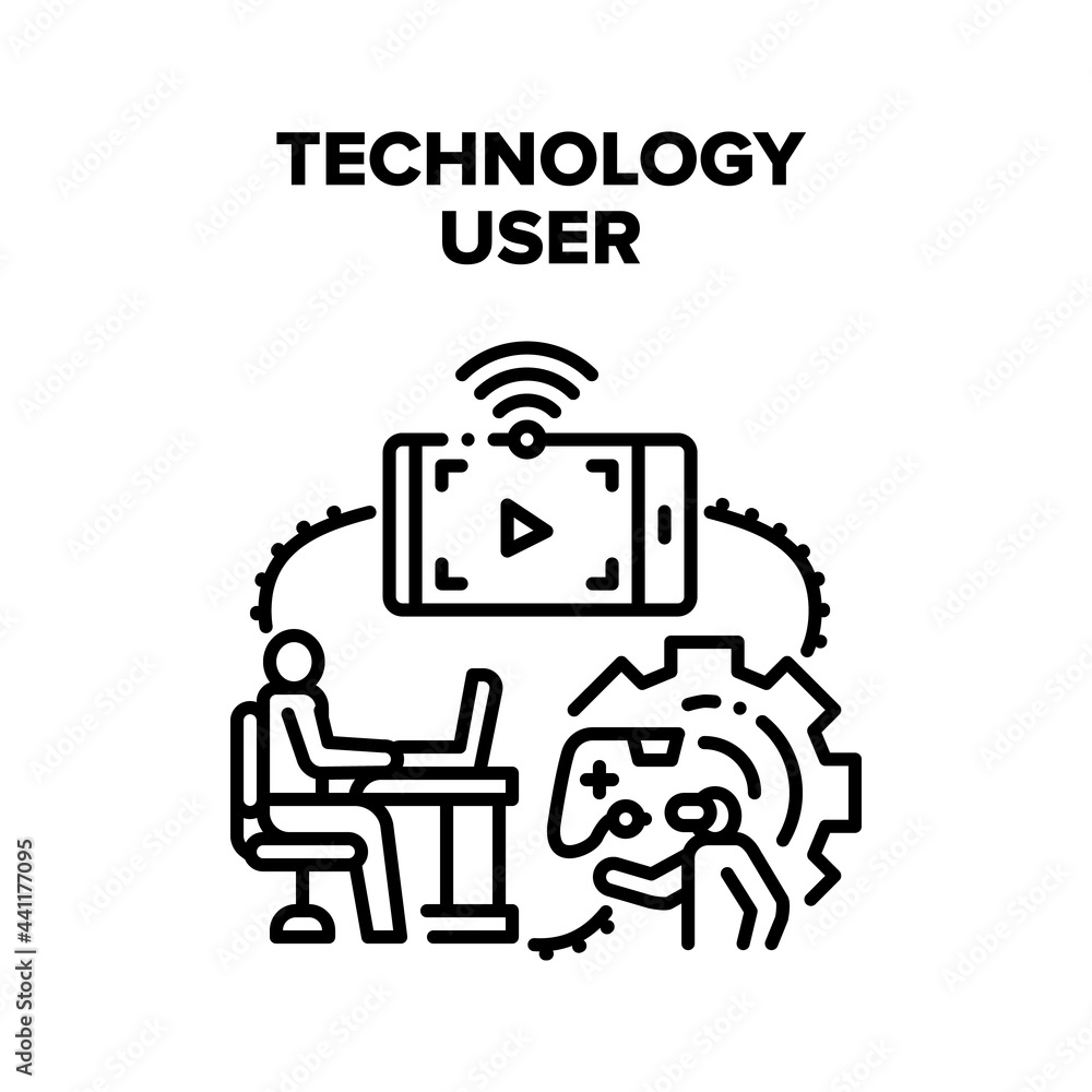 Poster technology user vector icon concept. technology user playing video games on console and virtual real
