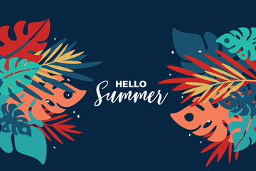 Fototapeta na wymiar Abstract tropical background with palm leaves. Hello summer banner.