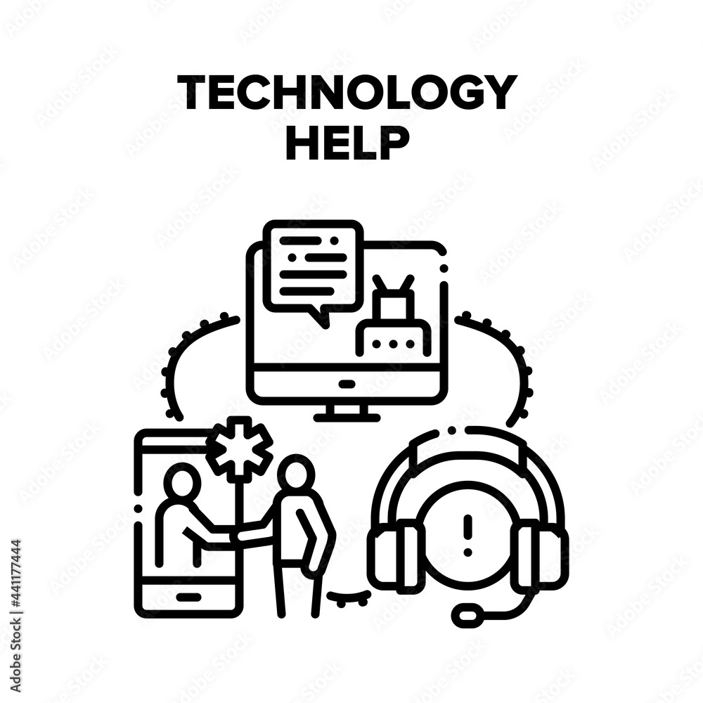 Poster technology help vector icon concept. technology help and online support, customer service worker ope