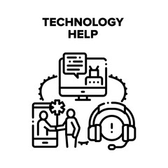 Technology Help Vector Icon Concept. Technology Help And Online Support, Customer Service Worker Operator Supporting Client And Helping Bot. Assistance And Consultation Black Illustration